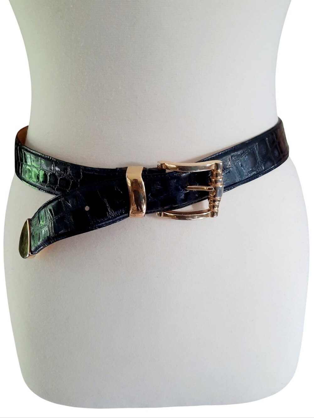 Vtg CARLISLE Black Croc-Embossed Italian Leather Belt w/3pc Gold Buckle Set Sz M